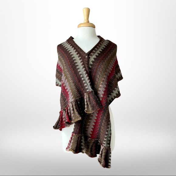 Accessories - Ruffle Scarf Striped Shawl in Brown, Red, and Ivory